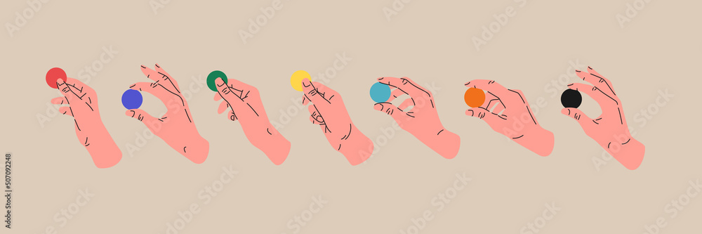 Poster human hands hold geometric flat circle shapes. a set of isolated objects in the background. trending