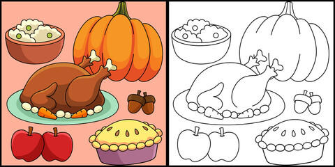 Thanksgiving Feast Coloring Page Illustration