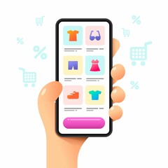 Smartphone mockup in human hand. Searching goods in the store. Marketplace. Vector online shopping illustration