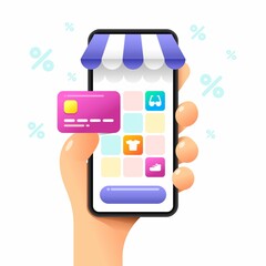 Smartphone mockup in human hand. Buying goods in store via credit card. Vector online shopping illustration