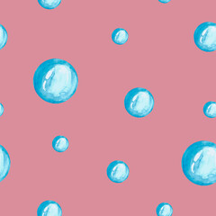 Kids watercolor seamless pattern of soap bubbles on pink background