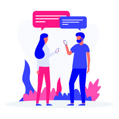 Virtual relationships, online dating and social networking concept - teenagers chatting on the Internet. Vector flat isometric illustration. Landing page concept