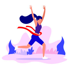 Cheerful Business Woman Crossing Finish Line at Running Track with Hands Up. Female Collar Character Take Part in Corporate Competition, Leadership and Victory Concept. Flat Vector Illustration