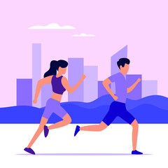 Color vector illustration people running in the park. Flat style poster sport activities outdoors. Autumnal nature with tall buildings in the background. The couple are preparing for the marathon