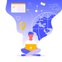 Landing page with man sitting with laptop and making order in internet store. Buy online. International retail and global shopping. Modern flat vector illustration for advertisement, promo, website.