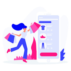 woman shoping in mobile store sale illustration