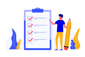 Poster business man with a pencil a marked checklist on a clipboard paper. Successful forming of business tasks. Flat vector illustration.
