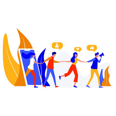 Concept of referral marketing, Refer A Friend loyalty program, promotion method. Group of people or customers holding hands and walking out of giant smartphone. Modern flat vector illustration.
