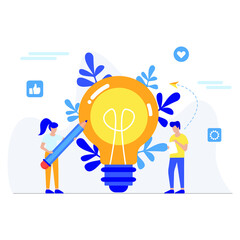 Flat Business People with Big Light Bulb Idea. Innovation, Brainstorming, Creativity Concept. Characters Working Together on new Project. Vector illustration