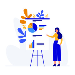 Vector illustration of business woman making presentation. Woman pointing at chart, diagram on projection screen. Business presentation concept design element in flat style.