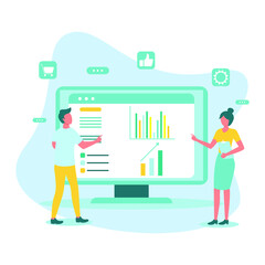 Vector illustration of business people making presentation. Diagram on monitor screen. Business presentation concept design element in flat style.