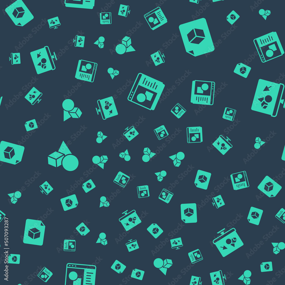 Poster set 3d printer software, isometric cube file, basic geometric shapes and on seamless pattern. vector
