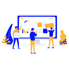 Obraz na płótnie Canvas Vector illustration of business people making presentation. Men pointing at chart, diagram on monitor screen. Business presentation concept design element in flat style.