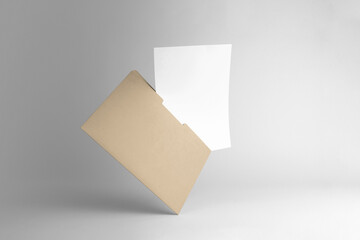 Floating folder and A4 letterhead, branding stationery clean mockup template, real photo. Blank...