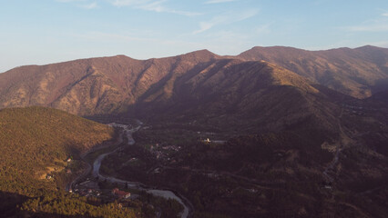 Aerial view of the Lanzo Valleys mountain peaks in the Italian Alps. Natural background, drone photography. © Iryna