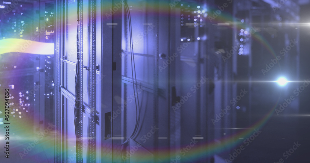 Poster computer servers in a server room with glowing lights