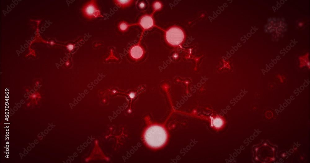 Aufkleber image of multiple 3d glowing red molecules moving and spinning in seamless loop in repetition on red