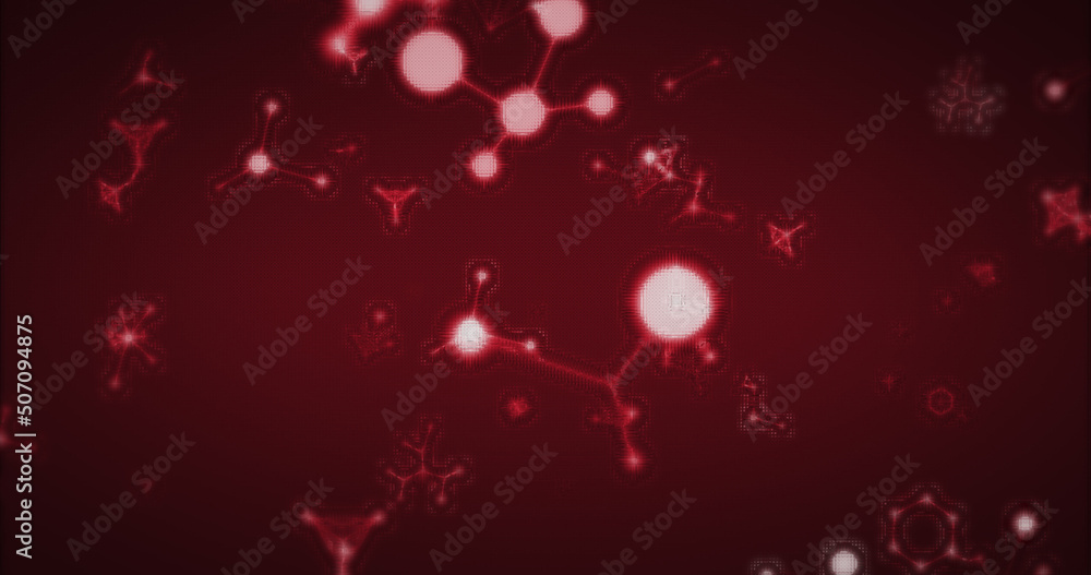 Aufkleber Image of multiple 3d glowing red molecules moving and spinning in seamless loop in repetition on red