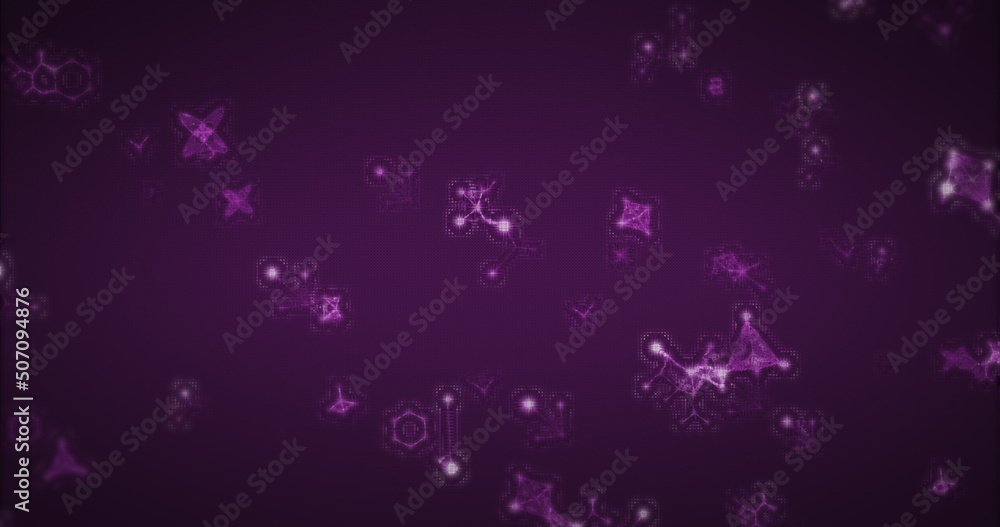 Aufkleber image of multiple 3d purple glowing molecules moving and spinning in seamless loop in repetition on
