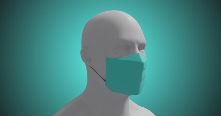 Image of a 3D human body model wearing a face mask on blue background. 