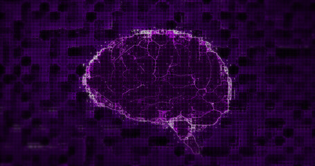 Image of a digital glowing pixelated purple 3d human brain spinning in seamless loop on glowing purp