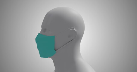 Image of a 3D human body model wearing a face mask on white background. 
