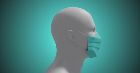 Image of a 3D human body model wearing a face mask on blue background. 