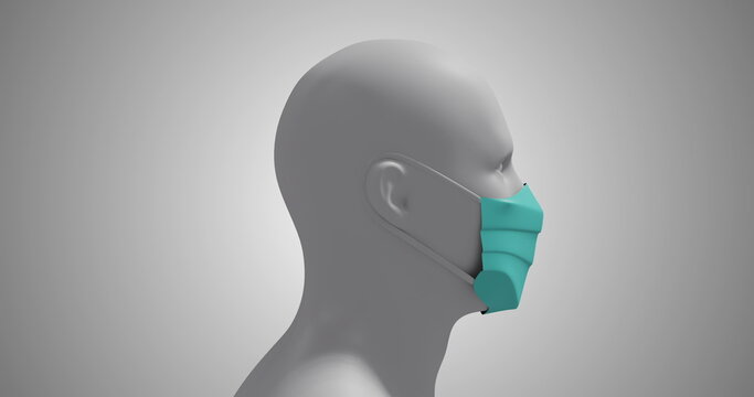 Image of a 3D human body model wearing a face mask on white background. 