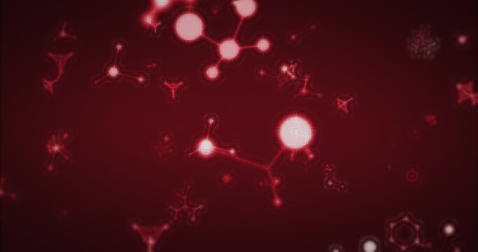 Image of multiple 3d glowing red molecules moving and spinning in seamless loop in repetition on red