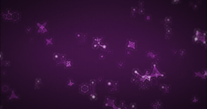 Image of multiple 3d purple glowing molecules moving and spinning in seamless loop in repetition on