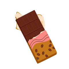 Natural chocolate cocoa beans bar. Sweet dessert, pastry sweets, candy shop products, cacao seeds ingredient, homemade chocolate, food product from roasted cacao pods vector illustration