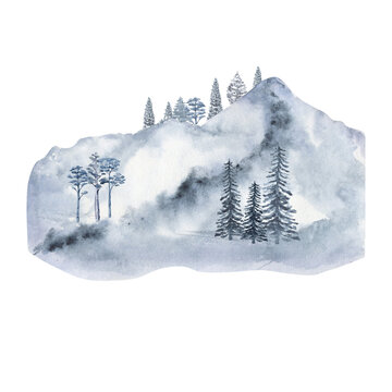 Winter forest and mountains, watercolor clipart on a white background. Watercolor illustration