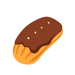 Eclair pastry with chocolate icing topping. Sweet yummy dessert, candy bar custard product, choux dough filled with whipped cream, confectionery sweets vector illustration