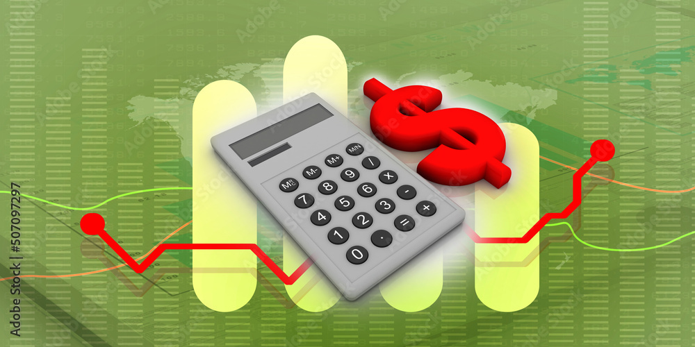 Poster 3d rendering dollar symbol on calculator