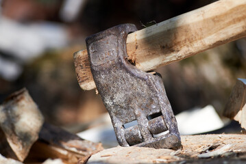 Heavy ax cleaver in the stump