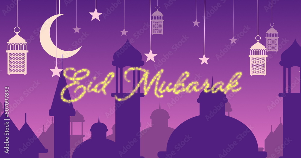 Wall mural glittery eid mubarak greeting with mosques and lanterns with moon and stars