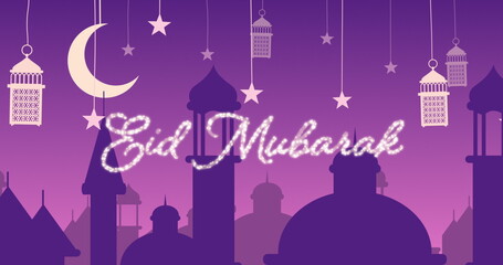 Glittery Eid Mubarak greeting with mosques and lanterns with moon and stars