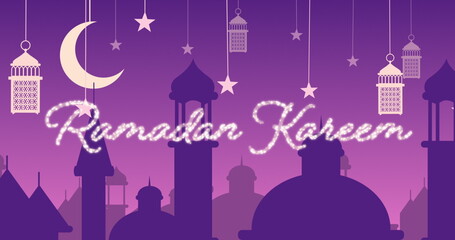 Fototapeta na wymiar Glittery Ramadan Kareem greeting with mosques and lanterns with moon and stars