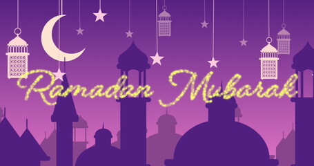 Fototapeta na wymiar Glittery Ramadan Mubarak greeting with mosques and lanterns with moon and stars