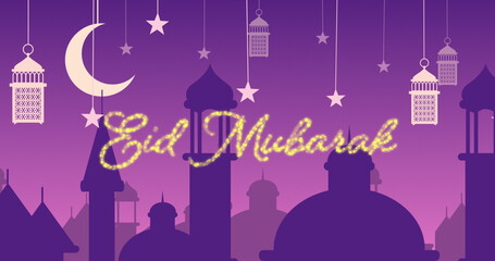 Fototapeta na wymiar Glittery Eid Mubarak greeting with mosques and lanterns with moon and stars