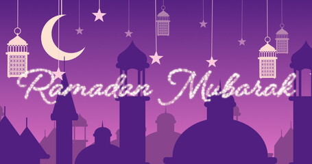 Glittery Ramadan Mubarak greeting with mosques and lanterns with moon and stars