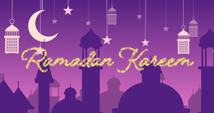 Glittery Ramadan Kareem greeting with mosques and lanterns with moon and stars