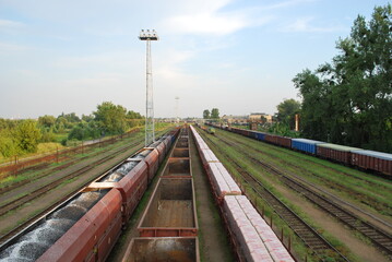 railway carriages of various types on a siding, tracks, tracks, brush, greenery, infrastructure,...