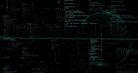 Image of data processing and globe on black background