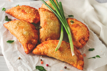 Fried chebureks, close-up, on a light background, no people,