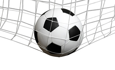 Soccer ball in goal on white