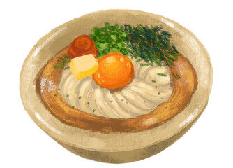 butter cream udon noodle soup egg yolk Japanese food illustration  hand drawing art