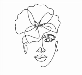 Woman face continuous one line vector drawing. Style templates with abstract female face and flowers. Modern minimalist simple linear style. Beauty fashion design