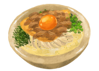 Beef udon noodle soup Japanese food illustration  hand drawing art