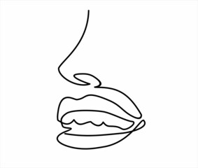 Beautiful womans smile lips in continuous line art drawing style. Dental clinic logo. Woman lips logo on white background.
 Minimalist black linear sketch isolated on white background. 